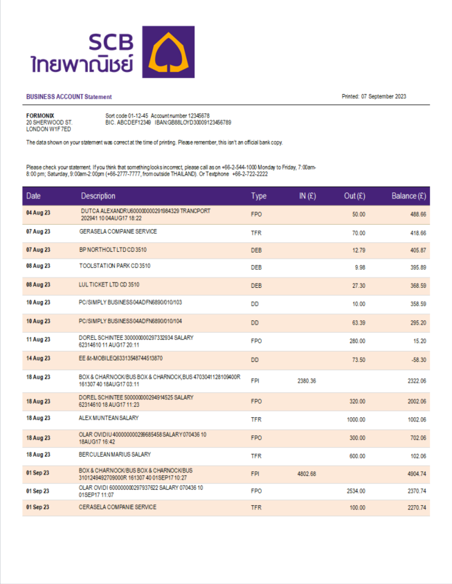 Modèle Word et PDF de relevé de compte d'entreprise de la Siam Commercial Bank